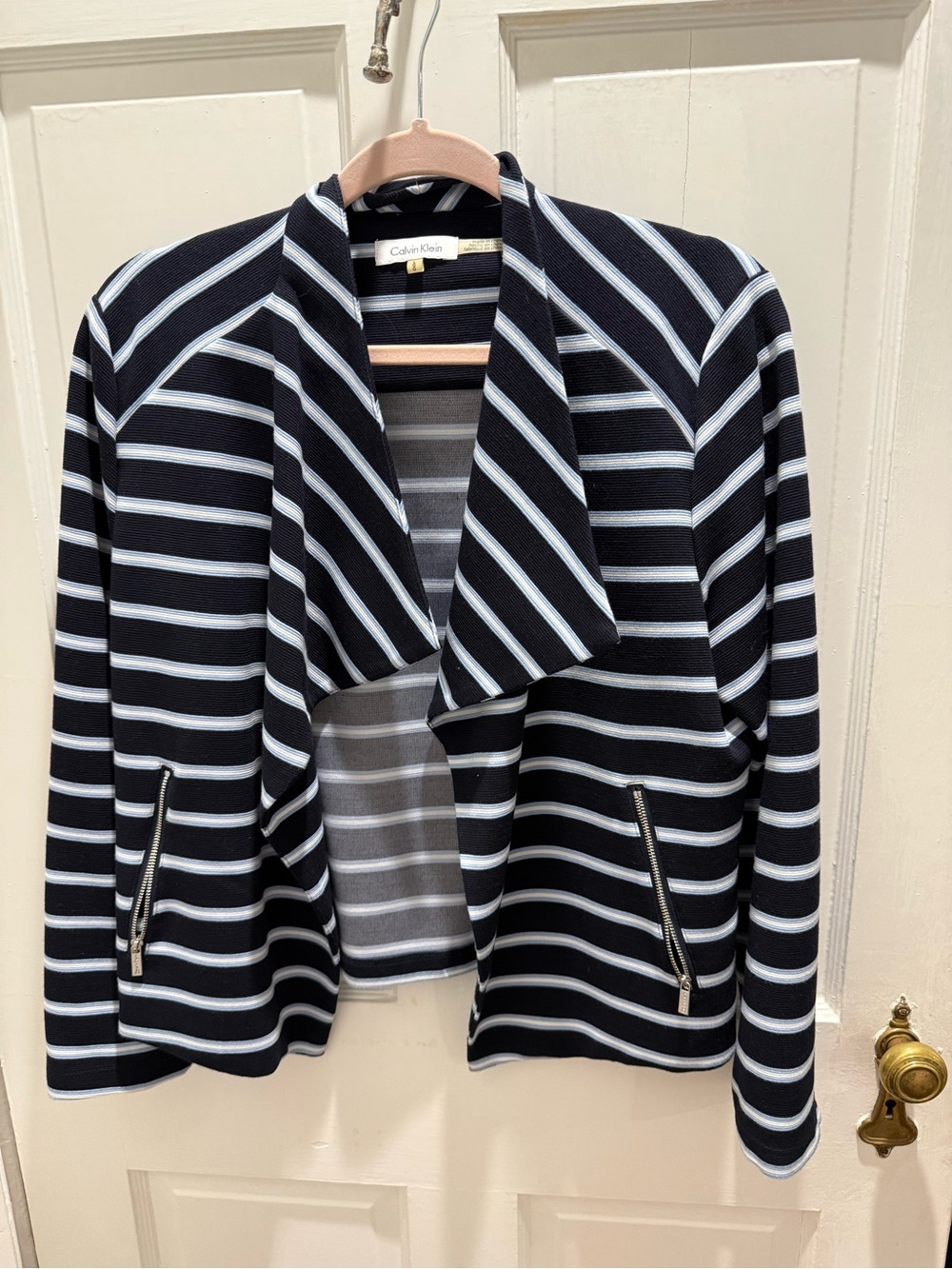 Calvin Klein Navy & White Striped Open-Front Blazer